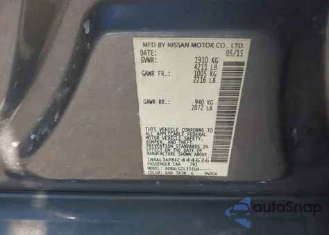 2015 Nissan Altima 2.5/2.5 S/2.5 Sl/2.5 Sv z USA, uszkodzony, nr VIN 1N4AL3AP8FC444636